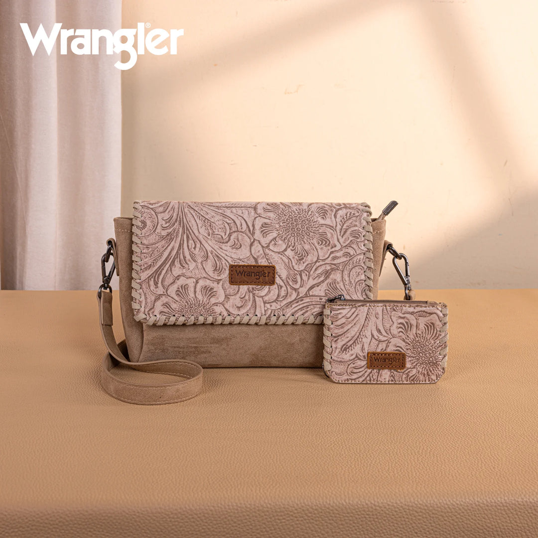Wrangler Vintage Floral Printed Crossbody Bag with Small Pouch- Khaki - WG277-236KH