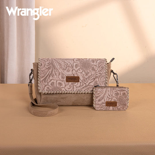 Wrangler Vintage Floral Printed Crossbody Bag with Small Pouch- Khaki - WG277-236KH