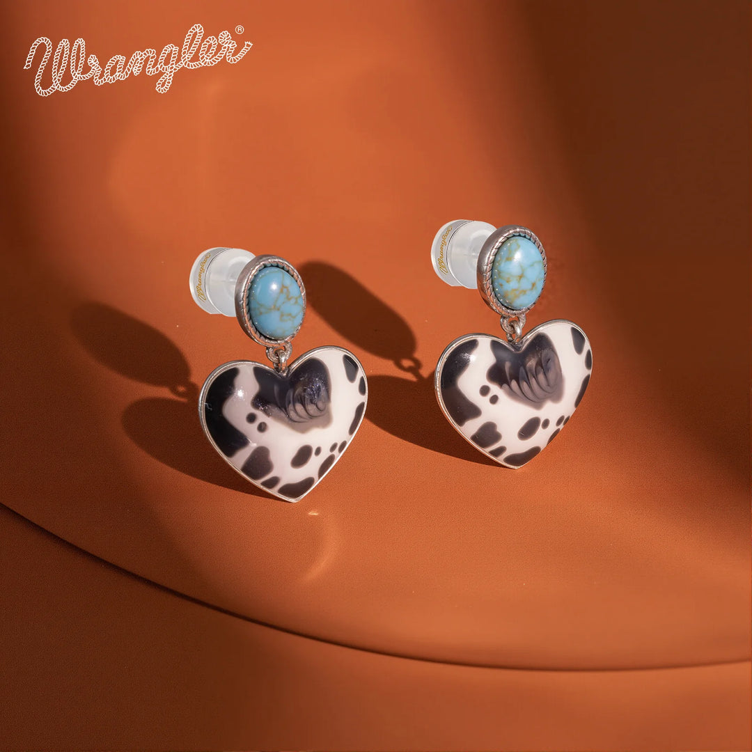 Wrangler Silver Cow Print Heart Shape Dangling Earrings - Turquoise