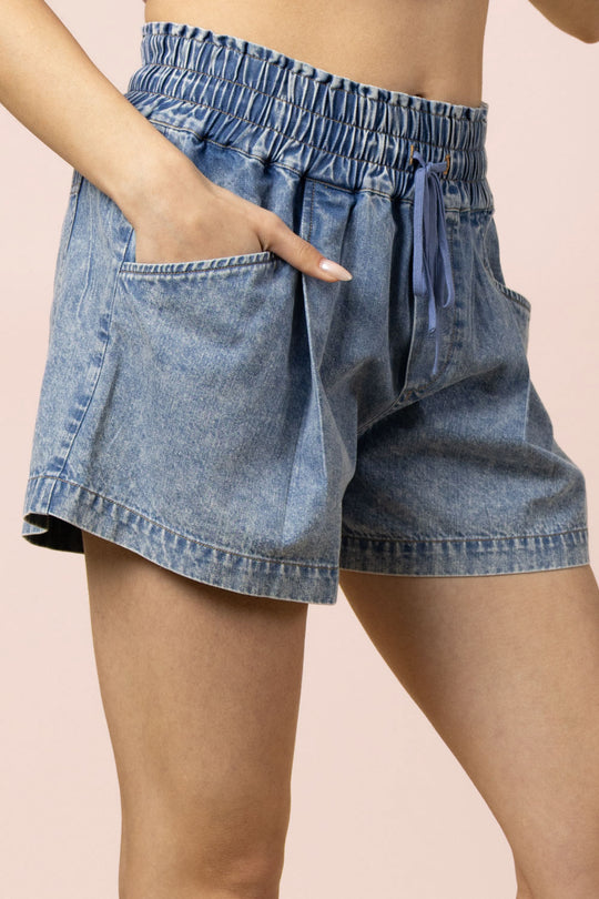 Ladies Very J Elastic Waist Mineral Washed Chambray Shorts - NP71029