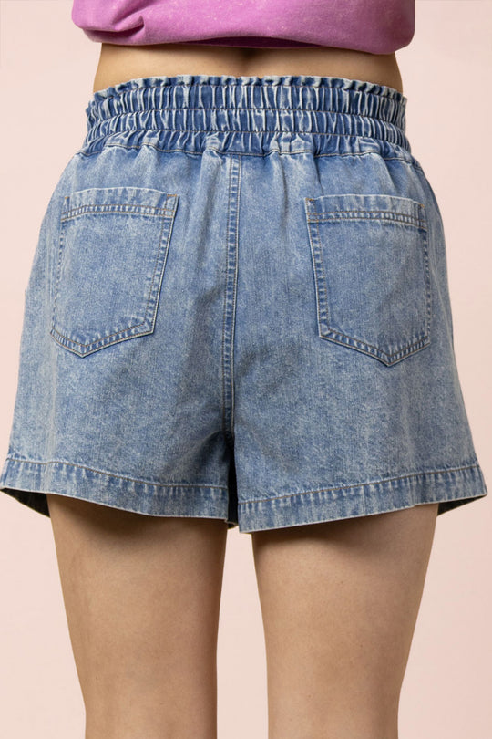 Ladies Very J Elastic Waist Mineral Washed Chambray Shorts - NP71029