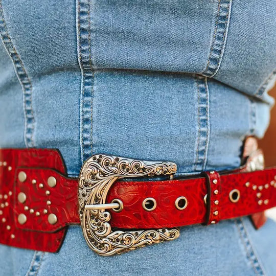 Lucky & Blessed Red Tooled Genuine Leather Studded Wide Belt