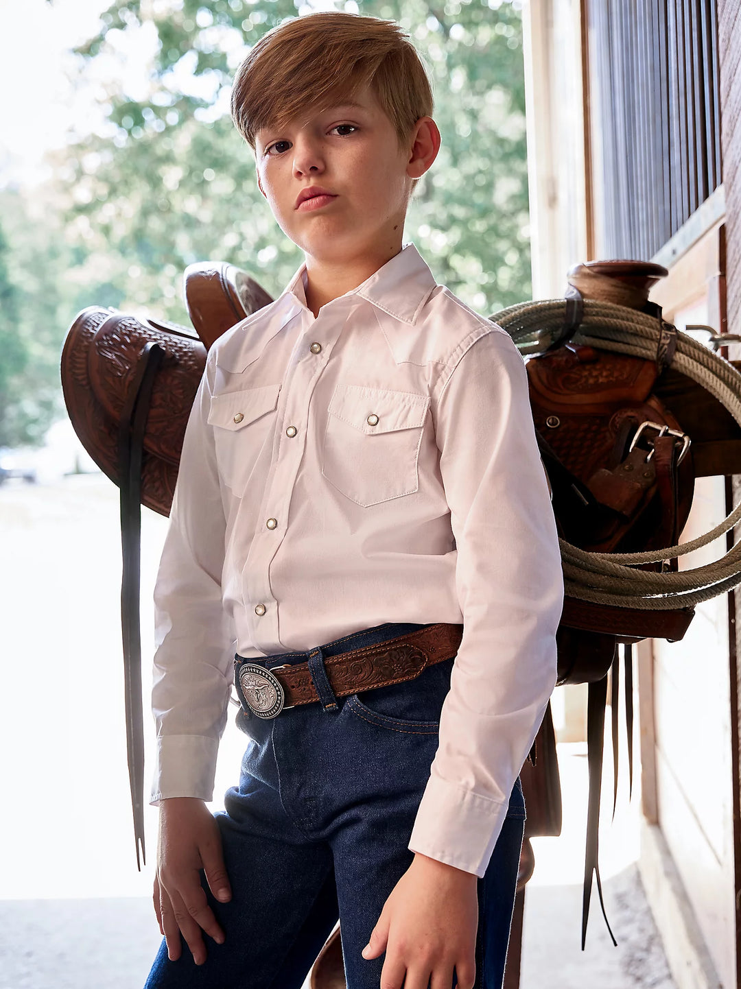 Boy's Wrangler White Long Sleeve Dress Western Snap Shirt Boy's Wrangler White Long Sleeve Dress Western Snap Shirt