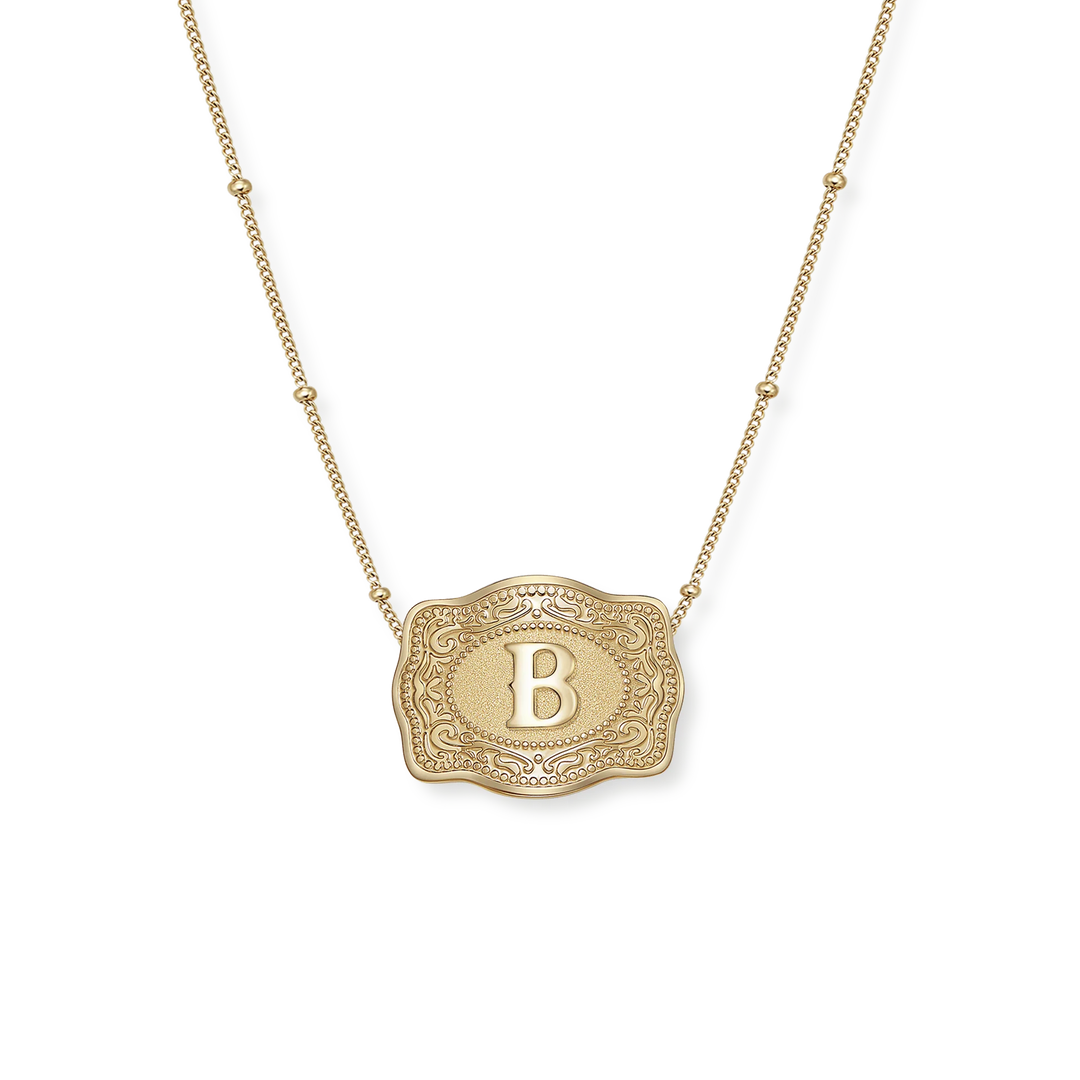 SpurWest Trading Co. Original Embossed Gold Initial Mini Belt Buckle Beaded Chain Necklace