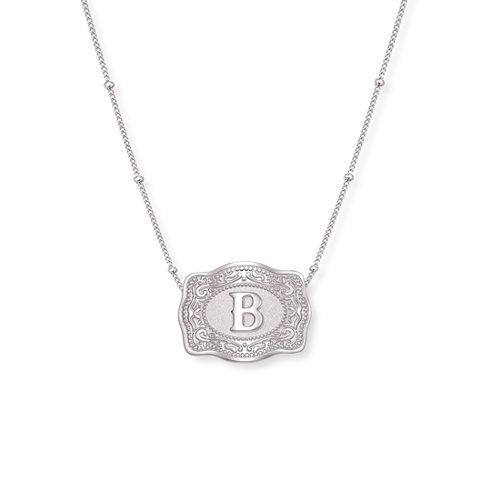 SpurWest Trading Co. Original Embossed Silver Initial Mini Belt Buckle Beaded Chain Necklace