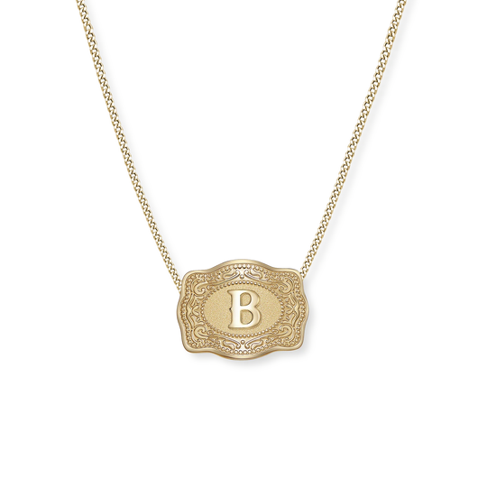 SpurWest Trading Co. Original Embossed Gold Initial Mini Belt Buckle Curb Chain Necklace