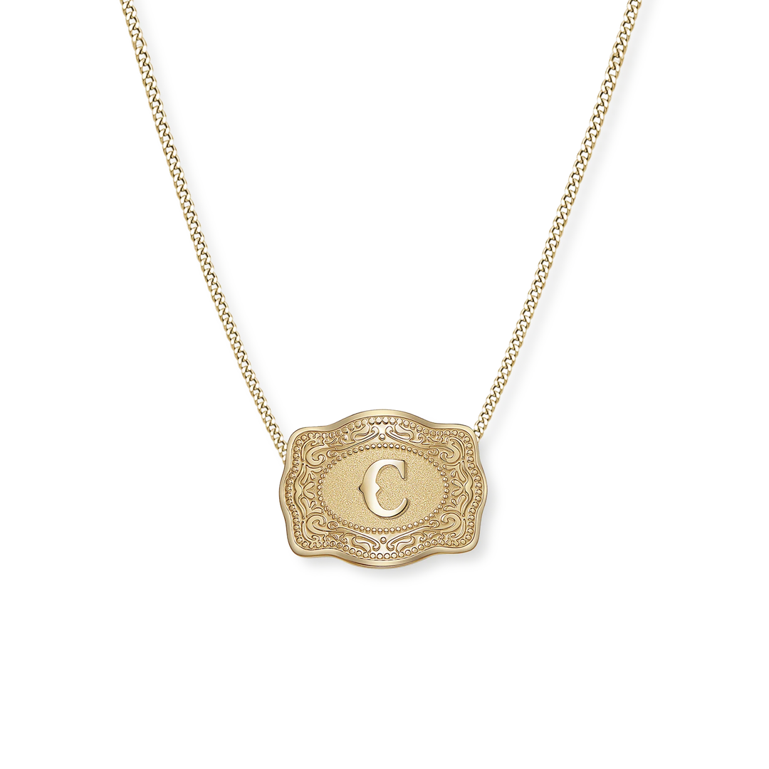 SpurWest Trading Co. Original Embossed Gold Initial Mini Belt Buckle Curb Chain Necklace