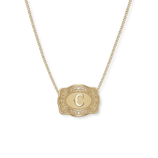 SpurWest Trading Co. Original Embossed Gold Initial Mini Belt Buckle Curb Chain Necklace