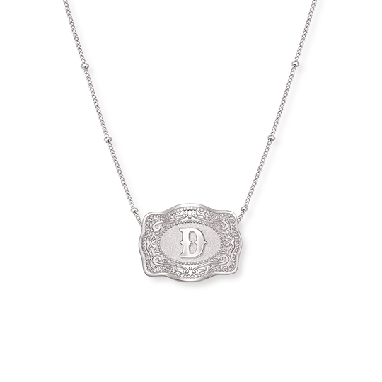 SpurWest Trading Co. Original Embossed Silver Initial Mini Belt Buckle Beaded Chain Necklace