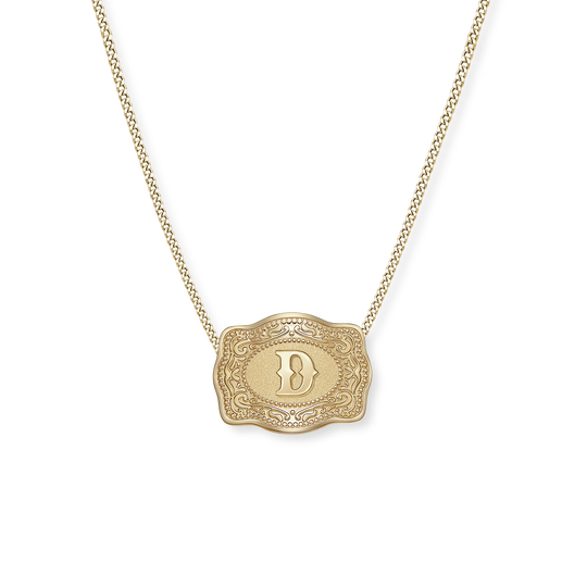 SpurWest Trading Co. Original Embossed Gold Initial Mini Belt Buckle Curb Chain Necklace