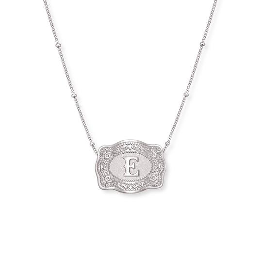 SpurWest Trading Co. Original Embossed Silver Initial Mini Belt Buckle Beaded Chain Necklace