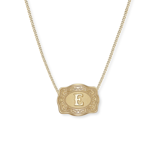 SpurWest Trading Co. Original Embossed Gold Initial Mini Belt Buckle Curb Chain Necklace