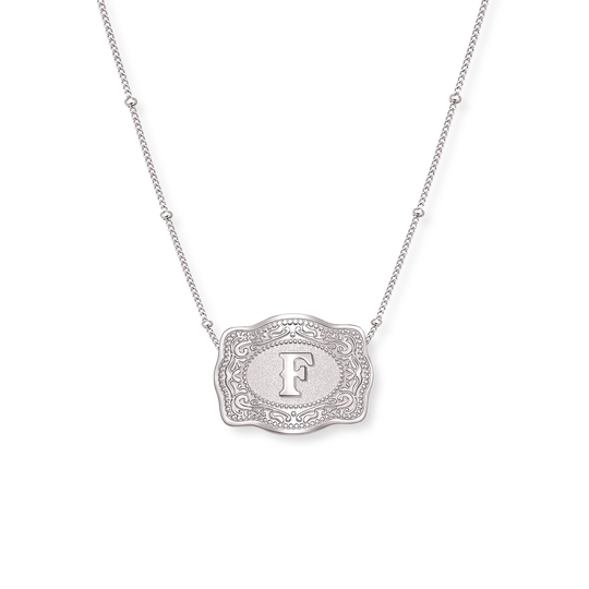 SpurWest Trading Co. Original Embossed Silver Initial Mini Belt Buckle Beaded Chain Necklace