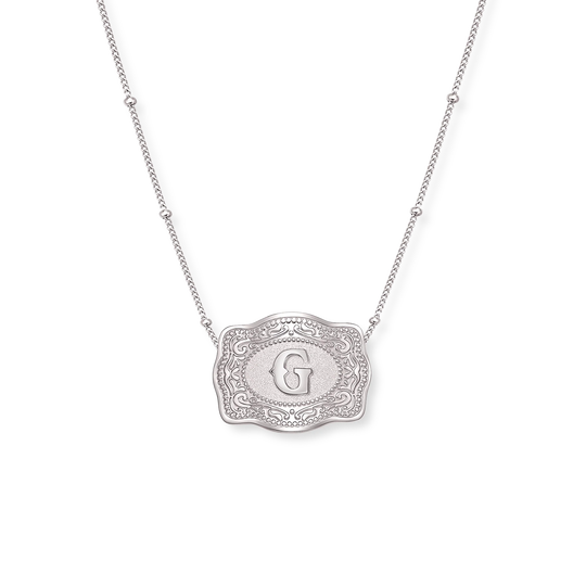 SpurWest Trading Co. Original Embossed Silver Initial Mini Belt Buckle Beaded Chain Necklace
