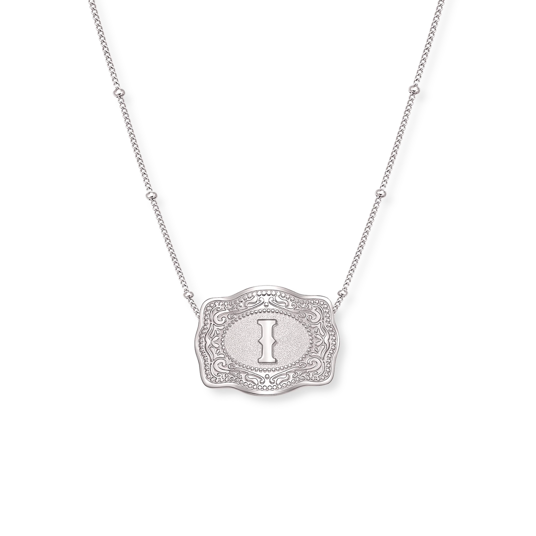 SpurWest Trading Co. Original Embossed Silver Initial Mini Belt Buckle Beaded Chain Necklace