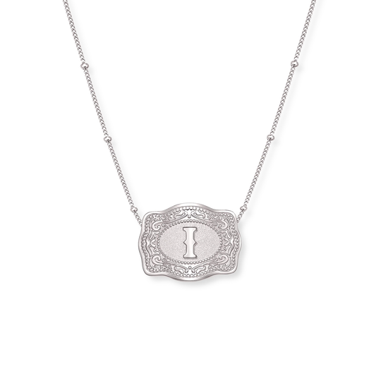 SpurWest Trading Co. Original Embossed Silver Initial Mini Belt Buckle Beaded Chain Necklace