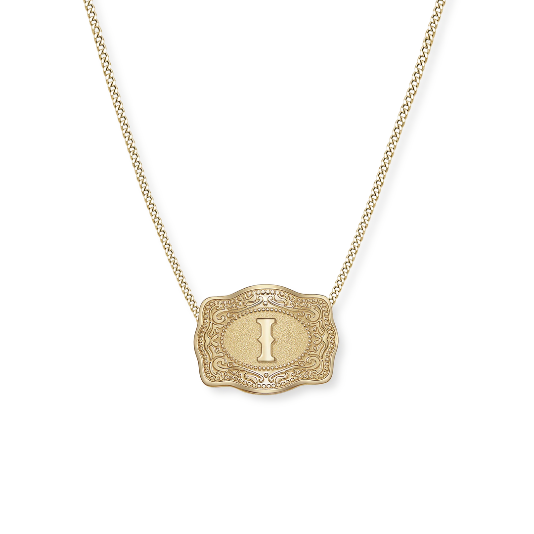 SpurWest Trading Co. Original Embossed Gold Initial Mini Belt Buckle Curb Chain Necklace