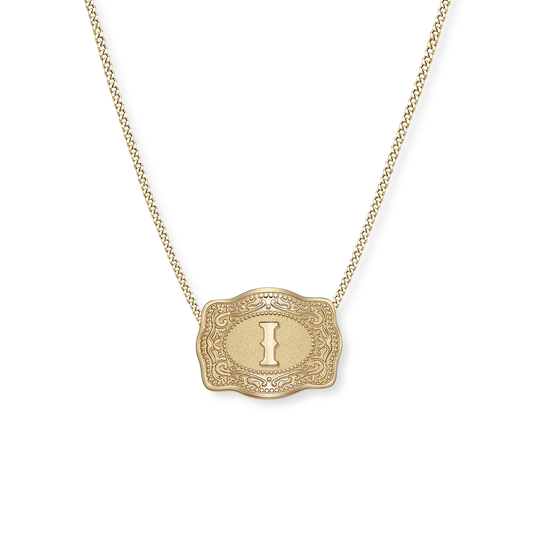 SpurWest Trading Co. Original Embossed Gold Initial Mini Belt Buckle Curb Chain Necklace