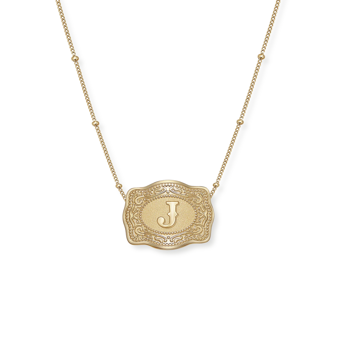 SpurWest Trading Co. Original Embossed Gold Initial Mini Belt Buckle Beaded Chain Necklace