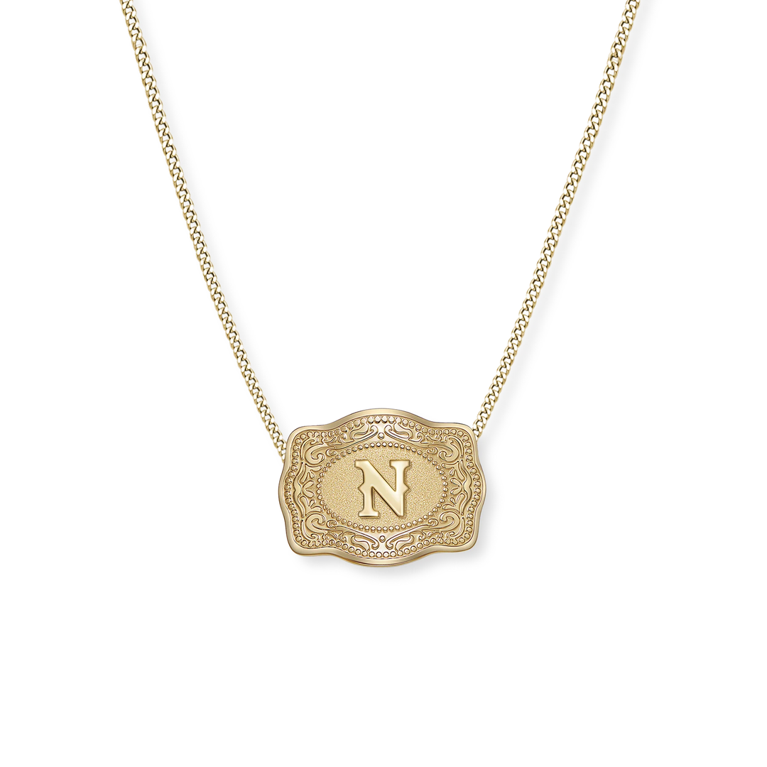SpurWest Trading Co. Original Embossed Gold Initial Mini Belt Buckle Curb Chain Necklace