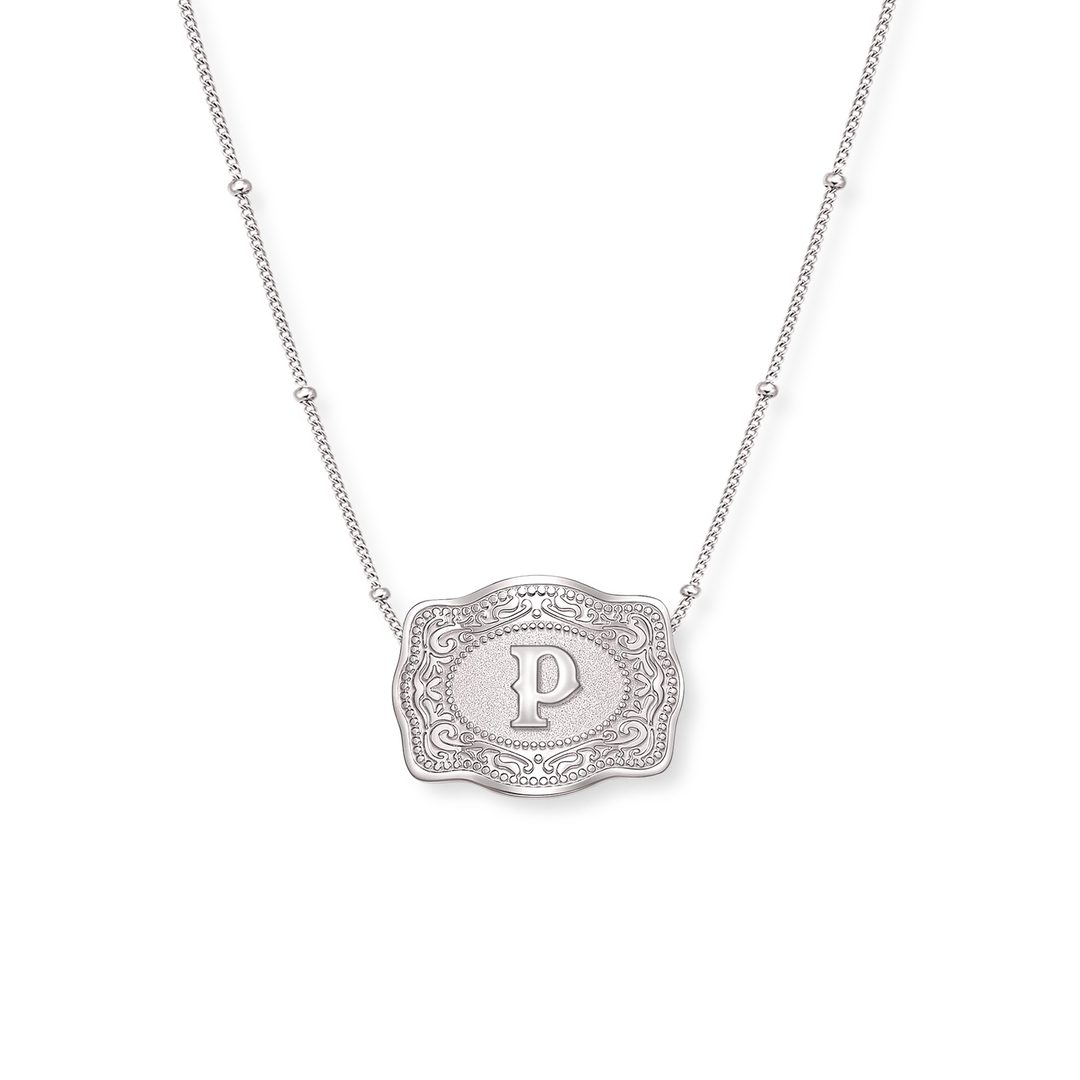 SpurWest Trading Co. Original Embossed Silver Initial Mini Belt Buckle Beaded Chain Necklace