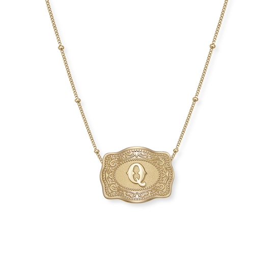 SpurWest Trading Co. Original Embossed Gold Initial Mini Belt Buckle Beaded Chain Necklace