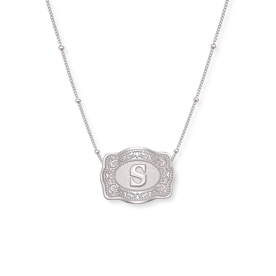 SpurWest Trading Co. Original Embossed Silver Initial Mini Belt Buckle Beaded Chain Necklace