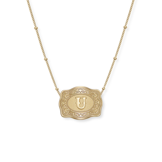 SpurWest Trading Co. Original Embossed Gold Initial Mini Belt Buckle Beaded Chain Necklace