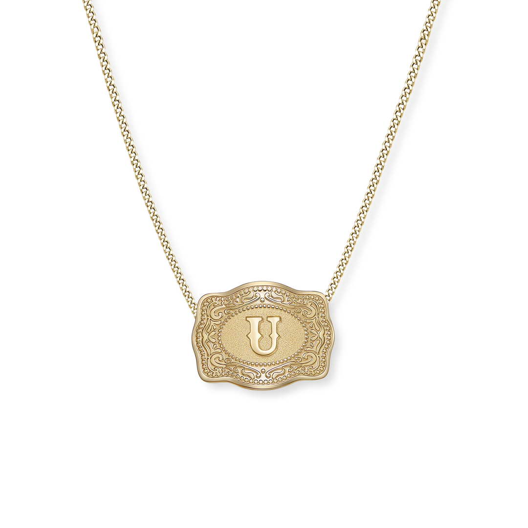 SpurWest Trading Co. Original Embossed Gold Initial Mini Belt Buckle Curb Chain Necklace