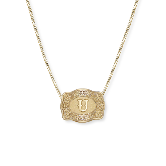 SpurWest Trading Co. Original Embossed Gold Initial Mini Belt Buckle Curb Chain Necklace