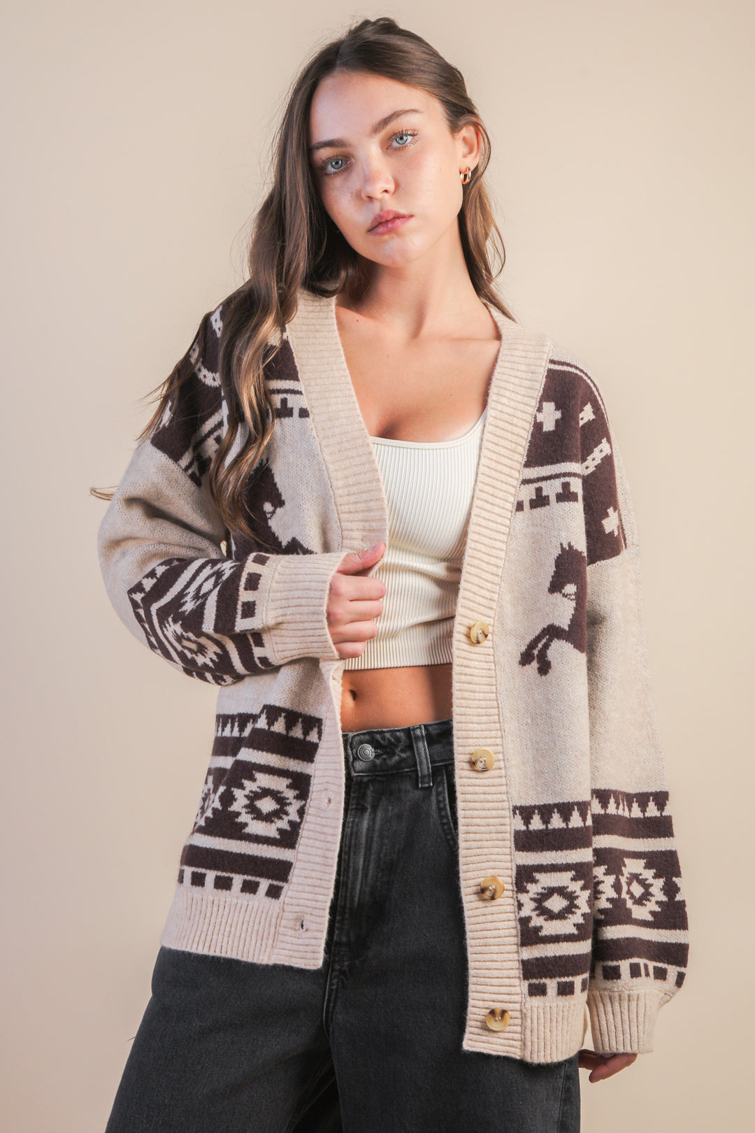 Ladies Very J Oversized Western Graphic Knit Cardigan - 12W3423N