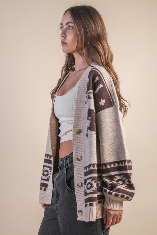 Ladies Very J Oversized Western Graphic Knit Cardigan - 12W3423N