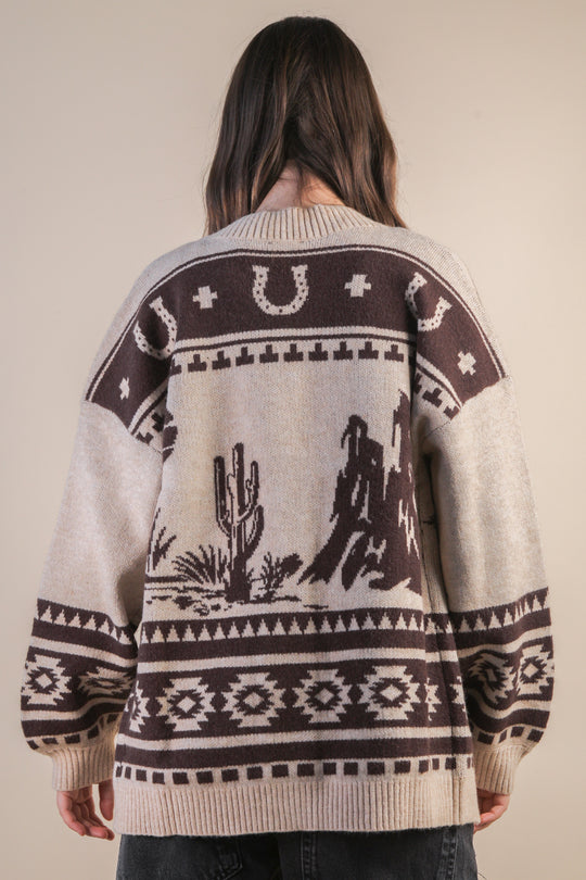 Ladies Very J Oversized Western Graphic Knit Cardigan - 12W3423N