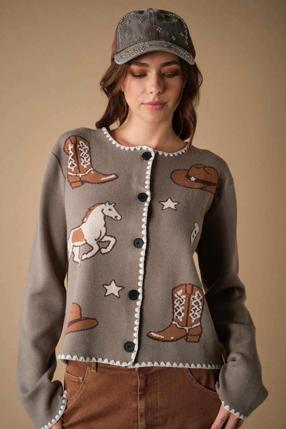 Ladies Blue B Western Horse & Cowboy Sweater Cardigan - 33226W