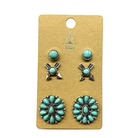 Western 3 Pair Turquoise Earring Set