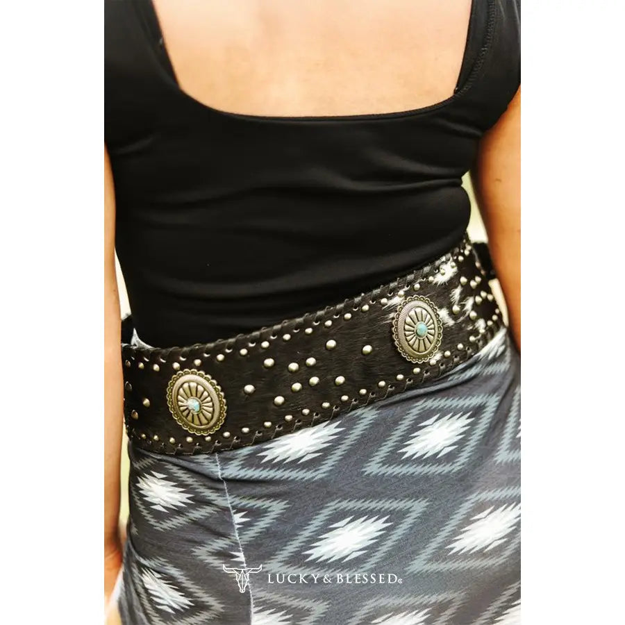 Ladies Lucky & Blessed Black Cowhide Genuine Leather Studded Wide Belt