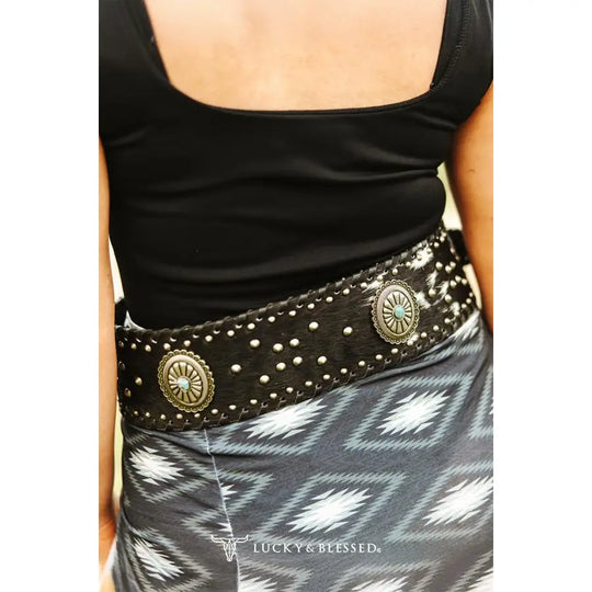 Ladies Lucky & Blessed Black Cowhide Genuine Leather Studded Wide Belt