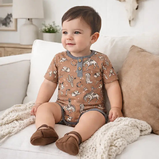 Wild Wrangler/Brown Western Bamboo Shorty Romper