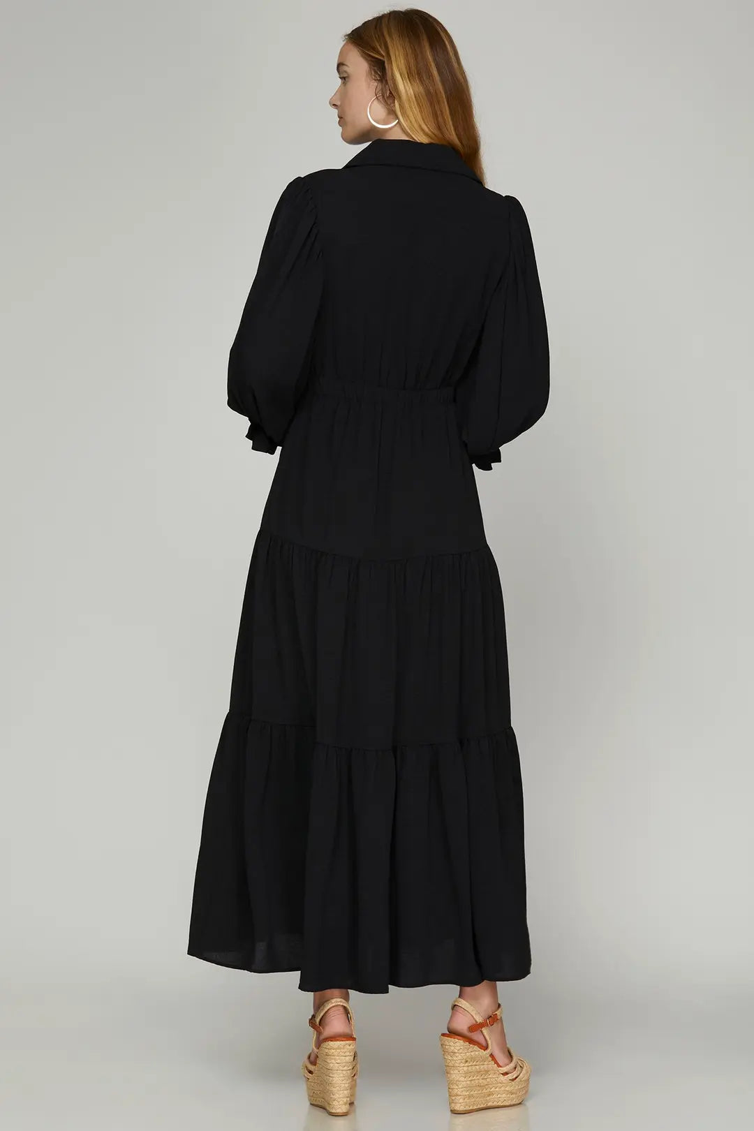 Ladies She + Sky Puff Sleeved Tiered Black Dress - SY7543