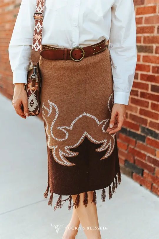 Ladies Lucky & Blessed Brown Aztec Knit Sweater Fringe Back Slit Skirt - SK452