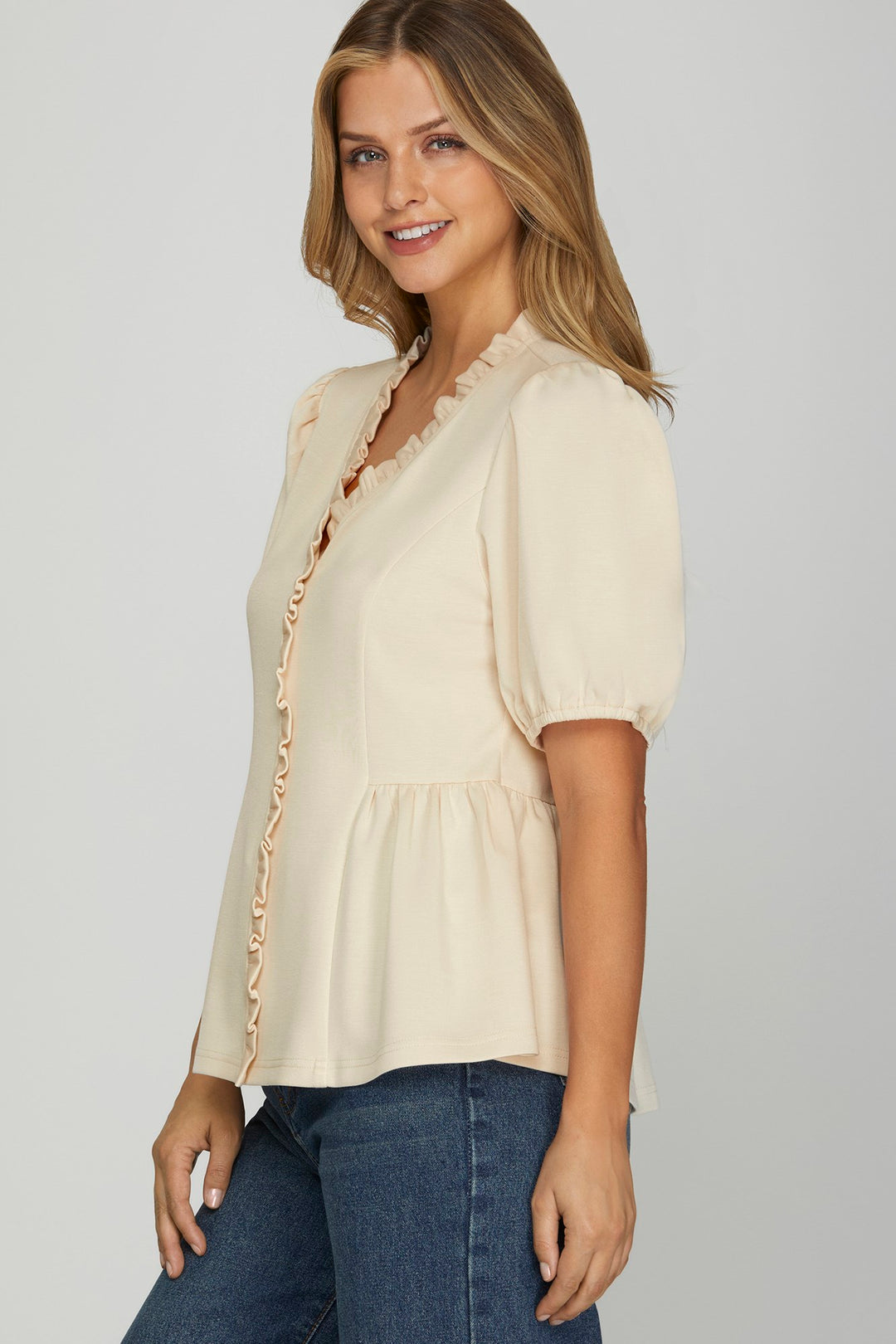 Ladies She + Sky Ruffled Neck Knit Top - SY9209