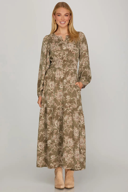 Ladies She + Sky Olive Tiered Maxi Dresss With Pockets
