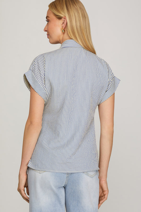 Ladies She + Sky Navy Woven Striped Tie Front Button Shirt - SY9820
