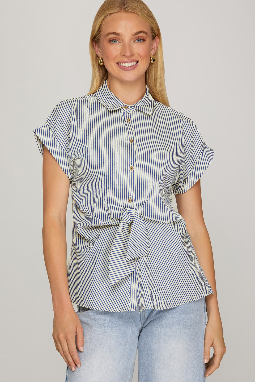 Ladies She + Sky Navy Woven Striped Tie Front Button Shirt - SY9820