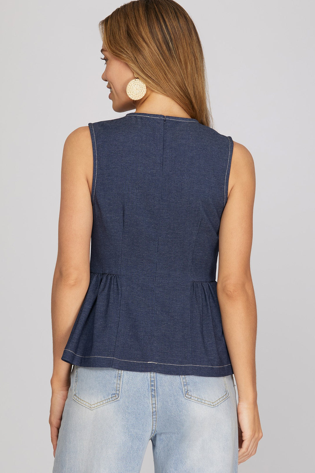 Ladies She + Sky Sleeveless Peplum Denim Back Zip Top - ST1685