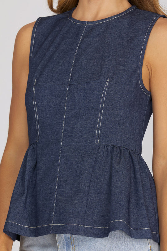 Ladies She + Sky Sleeveless Peplum Denim Back Zip Top - ST1685