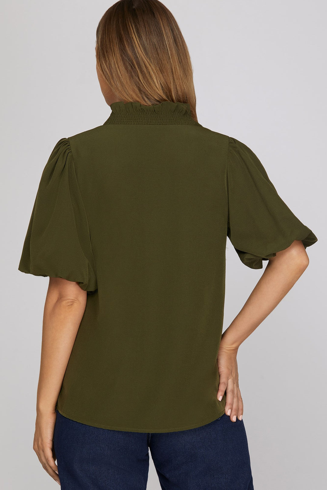 Ladies She + Sky Bubble Sleeve Smocked Top - ST1477R