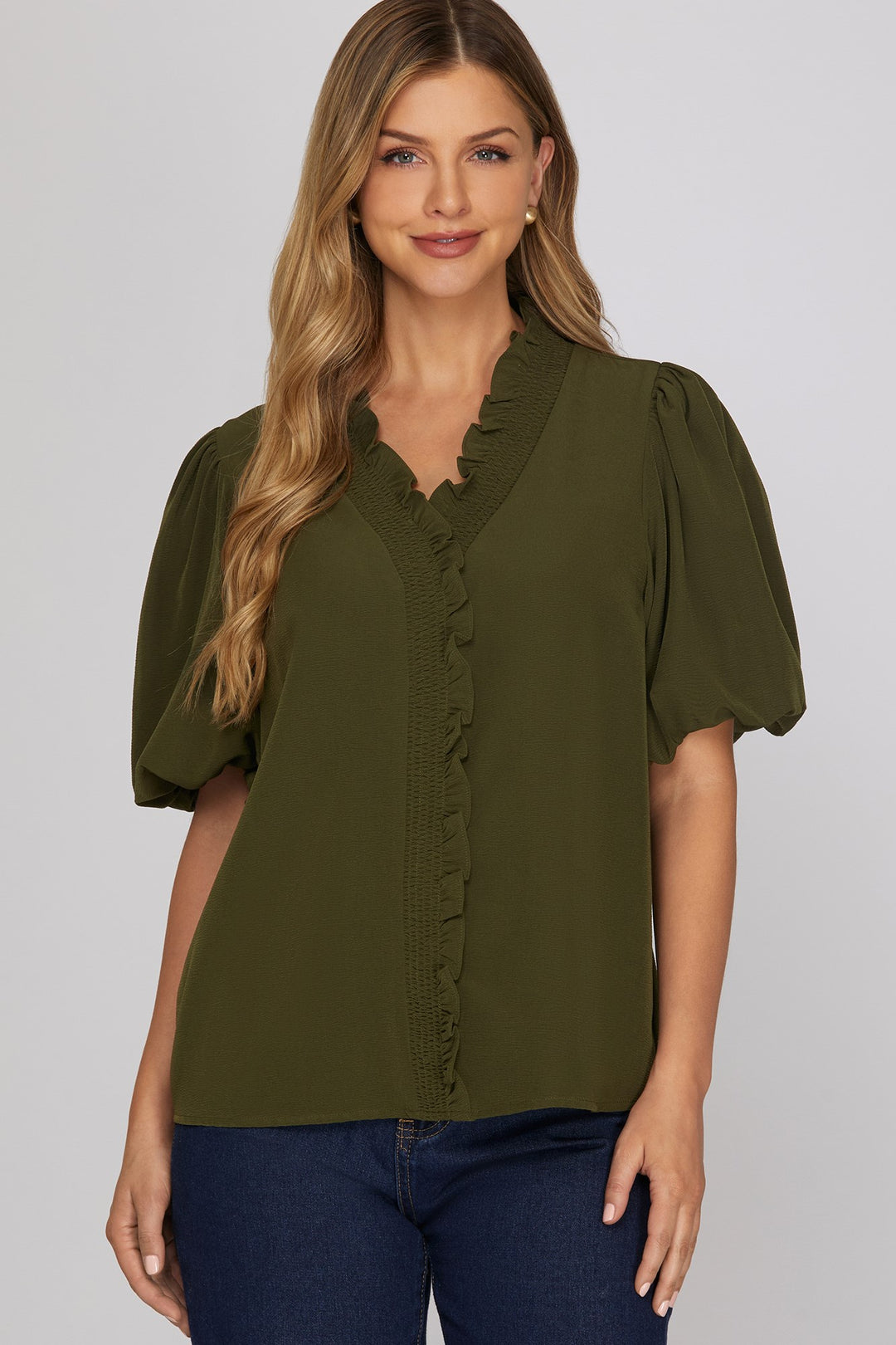 Ladies She + Sky Bubble Sleeve Smocked Top - ST1477R