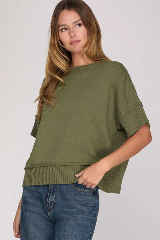 Ladies She + Sky Drop Half Sleeve Crew Neck Sweater Top - ST1355R2
