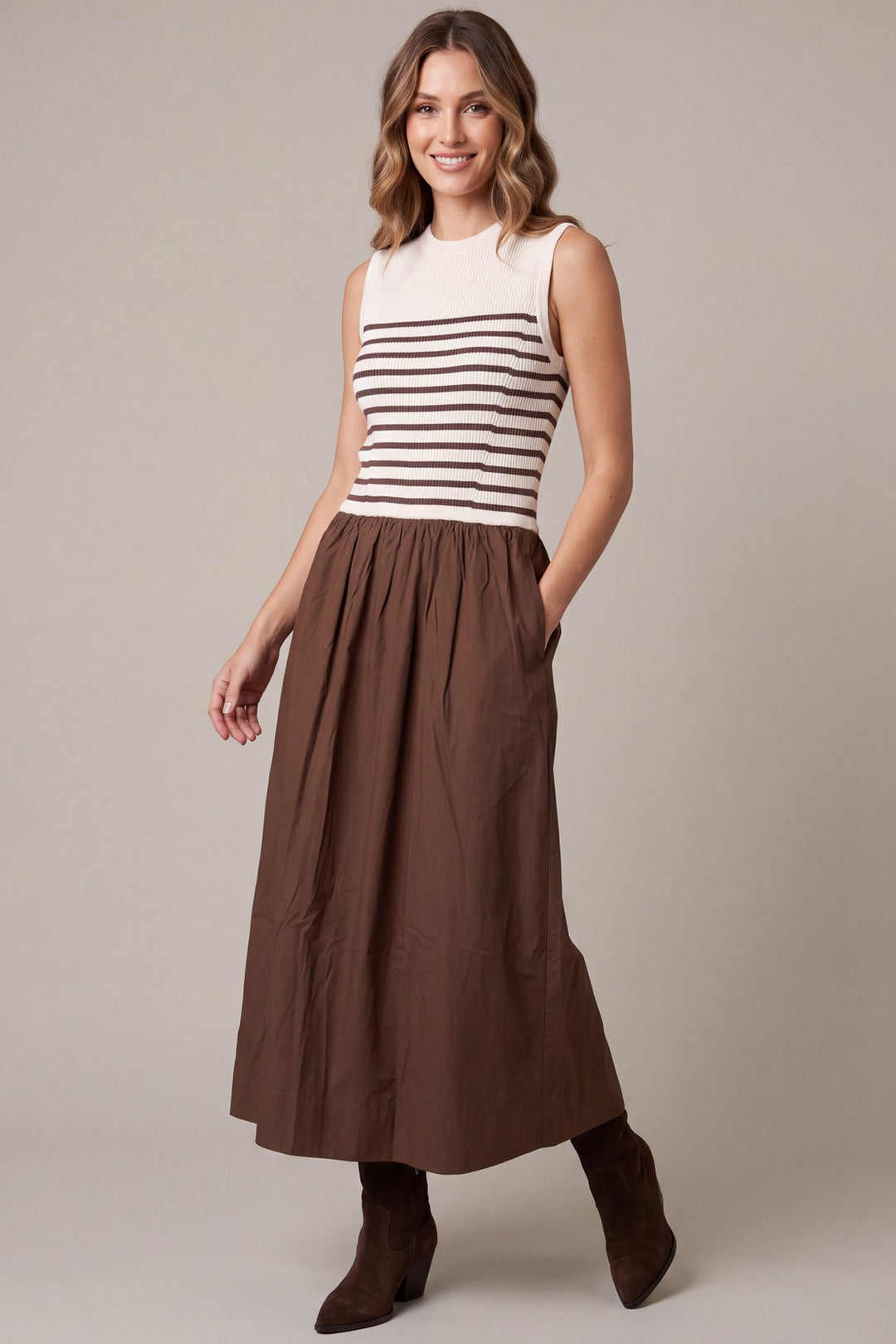 Ladies She & Sky Brown Woven Combo Maxi Dress - ST2048